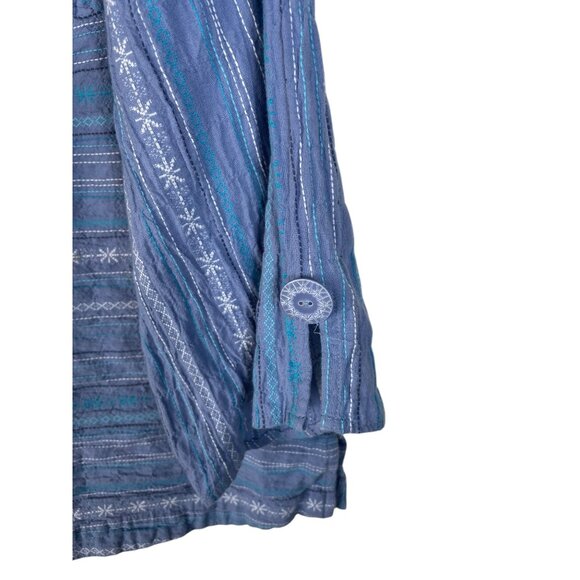 Habitat Clothes To Live In Blue Striped Patchwork 3/4 Sleeve Button Cuff Top - Picture 5 of 8